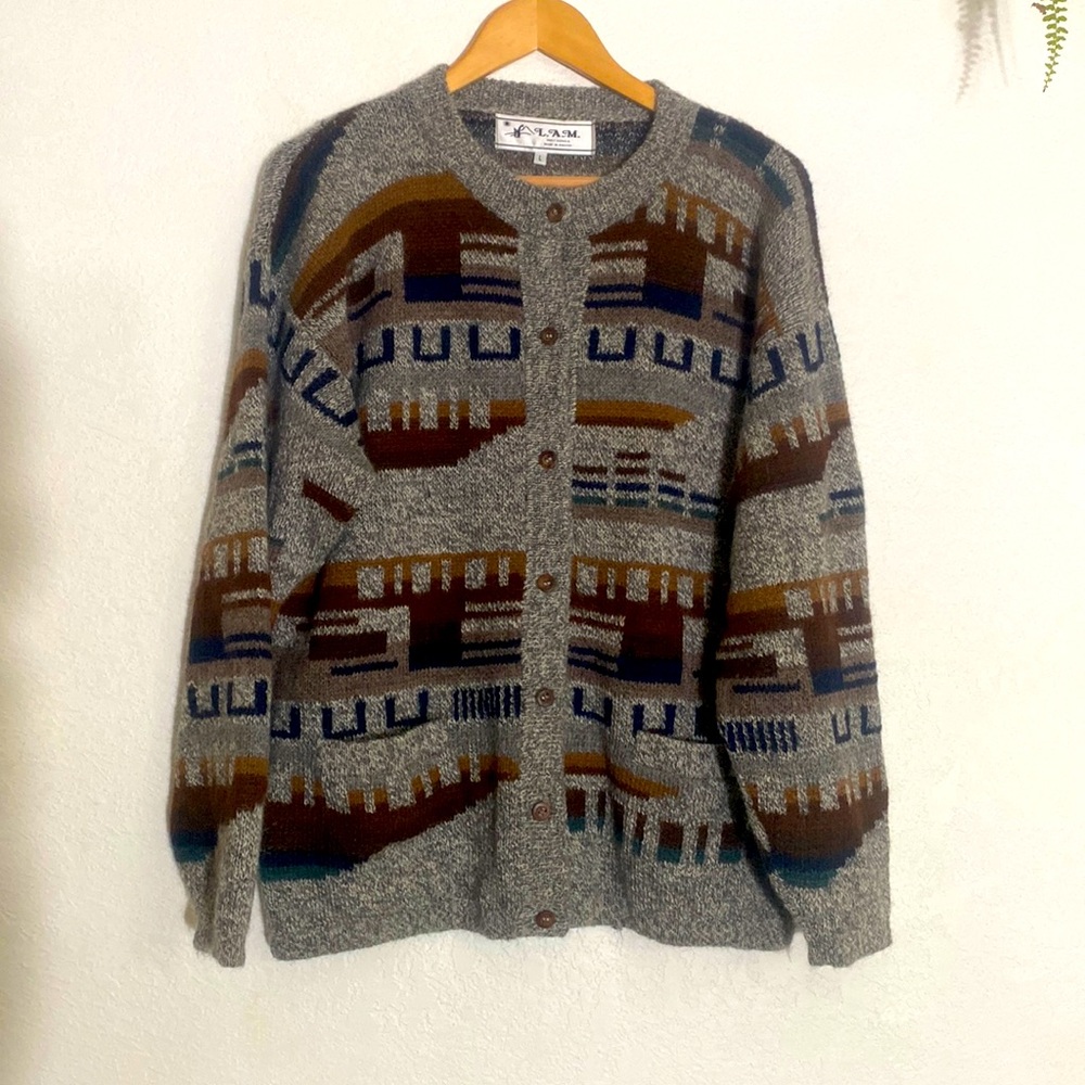 Men's Geometric Pattern Cardigan Sweater - Gray, Brown, Blue